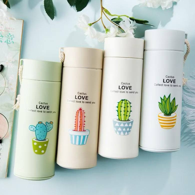 Bình Thủy Tinh In Hình Xương Rồng Có Dây Đeo Tiện Dụng 400ml