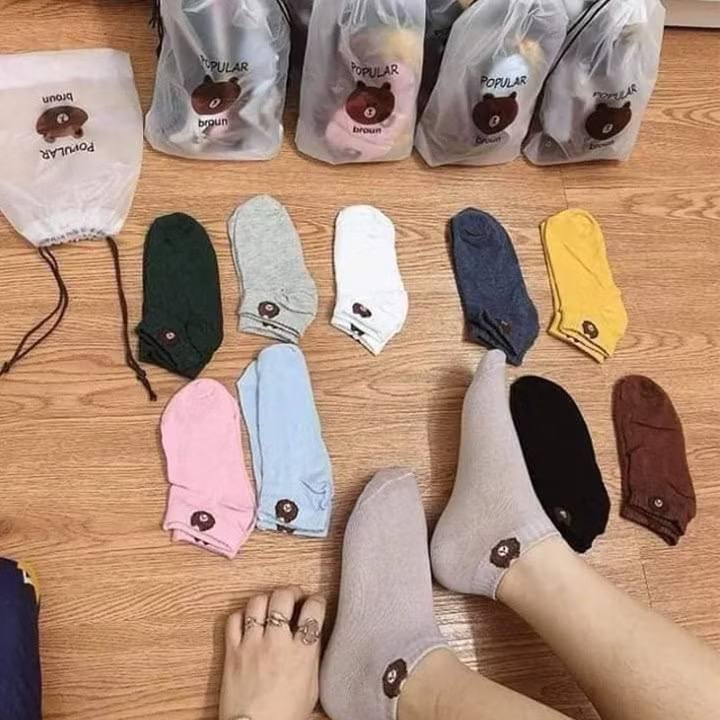 Combo 10 Đôi Tất Nữ Cổ Ngắn Hình Gấu Kute Chất Mềm Mịn Co Giãn 4 Chiều Kèm Túi Rút Xinh