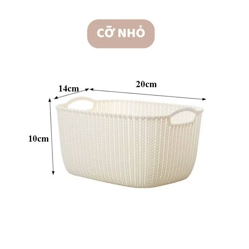Giỏ Đan Mây Nhựa 20cm Màu Kem Có Quai Cầm Nhỏ Gọn, Thoáng Khí