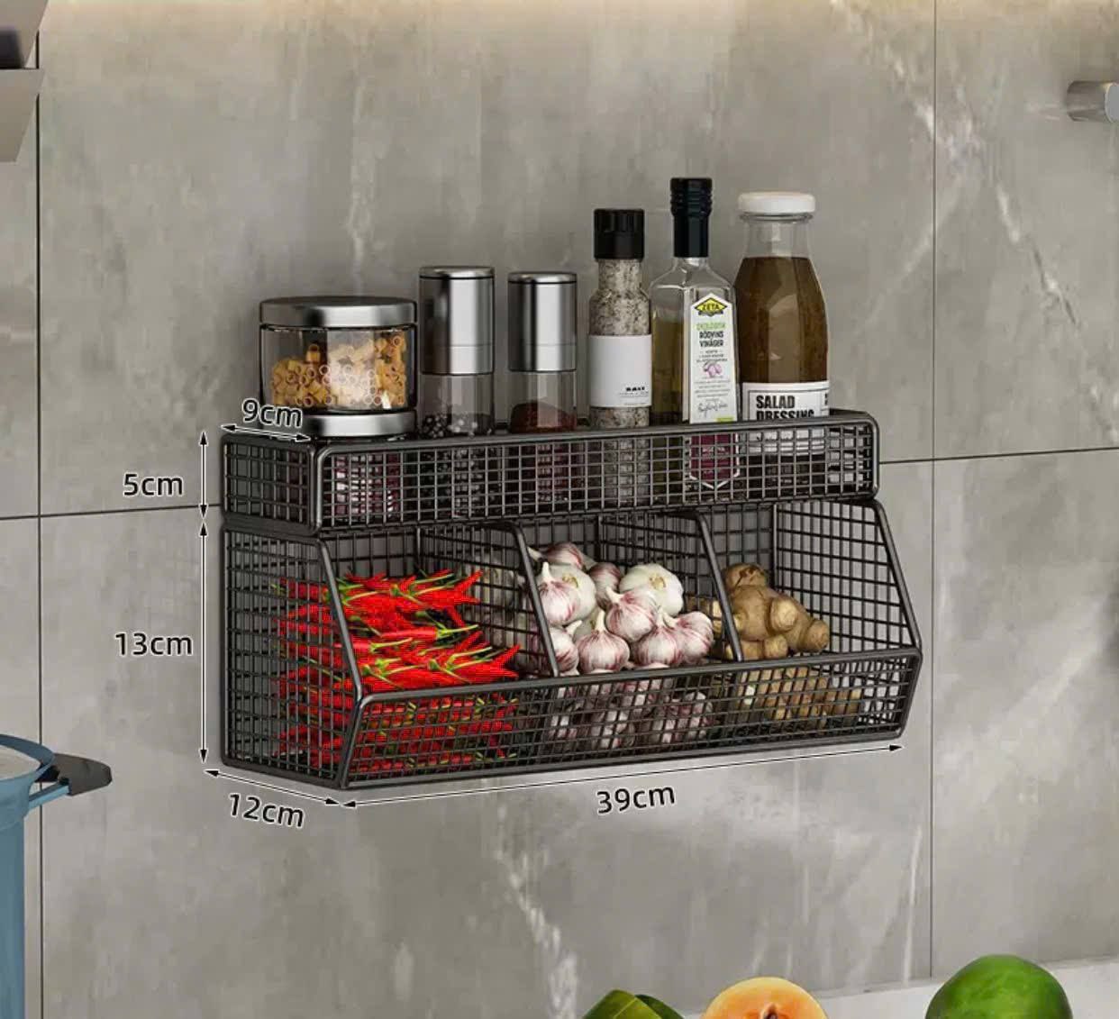 KỆ ĐỰNG HÀNH TỎI 3 NGĂN 2 TẦNG ĐEN(KÈM  DÁN)